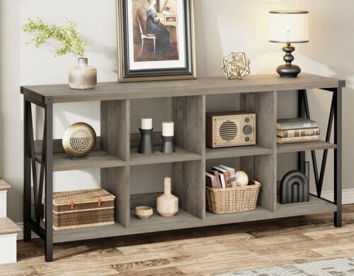 17 Stories 3-Tier 8-Cube Wooden Storage Organizer, 63" Long Low Farmhouse Bookshelf in Rustic Gray New in Box $399