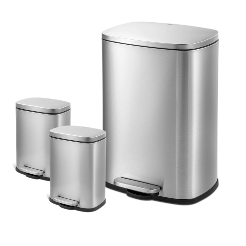 Qualiazero Kitchen Bathroom Trash Can Combo, 13.2 Gallon and Two 1.3 Gallon Stainless Steel Step Garbage Bin with Soft Close Lid, Silver New In Box $199