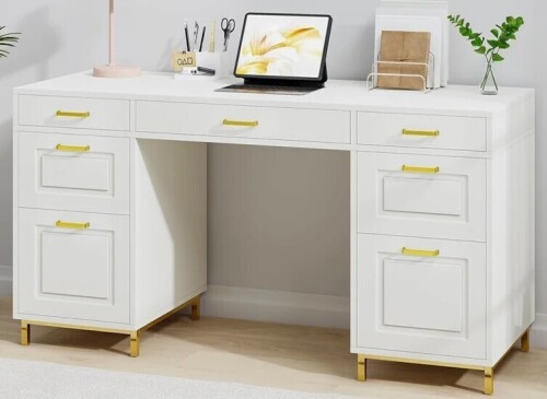 Mercer41 Computer Desk with 7 Drawers, 57 Inch Home Office Desk with File Drawers,Executive Desk with Golden Legs and Handles New in Box $499