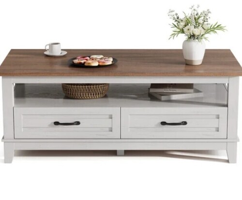 Garvee Farmhouse Coffee Table with Drawers, 47.2" Center Table Rustic Coffee Tables White Brown Living Room Table, with Open Shelf and 6 Support Legs New Shelf Pull $499