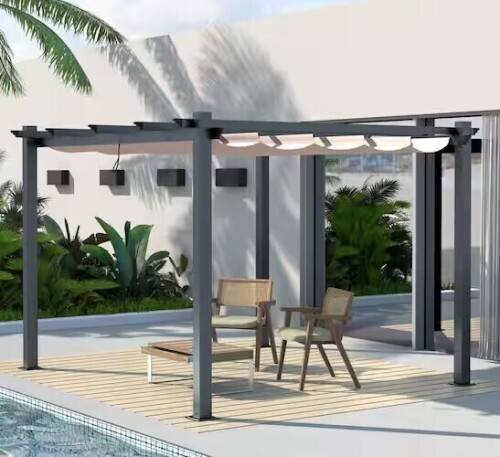 Veikous 10 ft. x 10 ft. Beige Aluminum Outdoor Patio Pergola with Retractable Sun Shade Canopy Cover New in Box $699