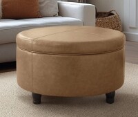 Charlton Home Duanys Faux Leather Upholstered Round Storage Ottoman in Light Brown New in Box $399
