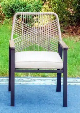 Phi Villa Black Metal Woven Rope Outdoor Patio Dining Chair with Beige Cushions New in Box $399