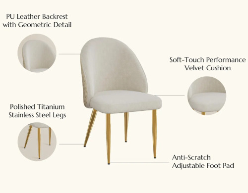 Musem Modern Upholstered Velvet Dining Chair with Quilted Leather Back, Beige & Gold, New in Box $699