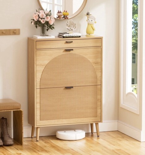 Brafabhome Shoe Storage Cabinet with Arched Wavy Flip Drawers, Nature Freestanding Shoe Rack Slim Entryway Shoe Organizer with Adjustable Shelf, 12 Pairs New In Box $299