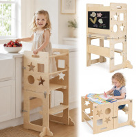 Bpmfkid 4-in-1 Wooden Toddler Standing Tower, Foldable Kitchen Tower Helper Stool Stable A-Frame with Safety Rails Folds into a Seated Activity Setup with a Blackboard; Supports up to 150 lb for Ages 1+ Similar to Picture New In Box $199
