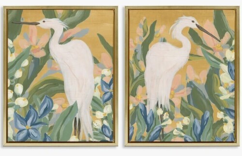 Beachcrest Home&trade; Great Egret in Blooming Bushes 2 PC Brown Framed Floater Canvas Set by June Erica Vess, 21" H x 17" W New In Box $299