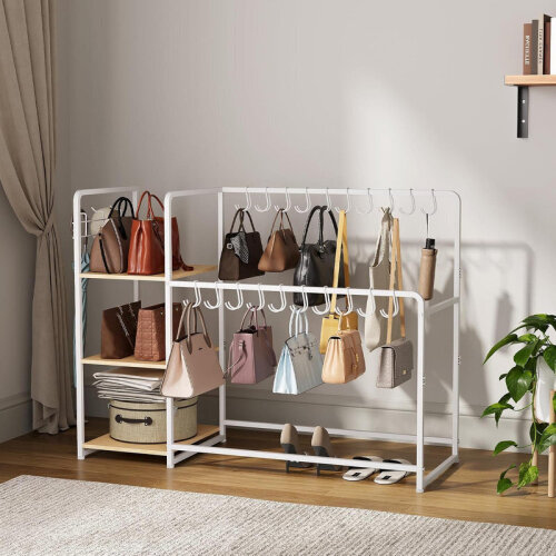 Rebrilliant 3-Tier Purse Organizer Rack for Closet &ndash; 20 Hangers, 3 Hooks, Wheels, Wood Handbag Stand for Bedroom New In Box $199