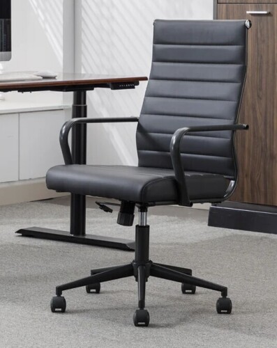 Ivy Bronx Amaiia Mid-back Ribbed Upholstered Swivel PU Leather Ergonomic Office Desk Chair, Conference Chair New In Box $399