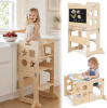 Bpmfkid 4-in-1 Wooden Toddler Standing Tower, Foldable Kitchen Tower Helper Stool Stable A-Frame with Safety Rails Folds into a Seated Activity Setup with a Blackboard; Supports up to 150 lb for Ages 1+ Similar to Picture New In Box $199