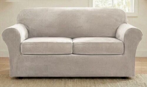 H.Versailtex Modern Velvet Plush High Stretch Sofa Slipcover with Elastic Bottom OATMEAL 2 Cushion Sofa $199