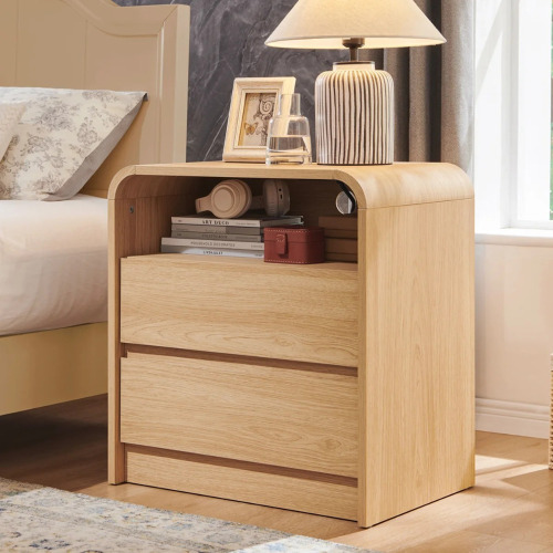 Ebern Designs Maud 25" Tall Modern Nightstand with Charging Station, 23.6'' Wide Wood Bedside Table w/2 Storage Drawers, Large Mid Century End Table for Bedroom, Natural Oak, New in Box $299