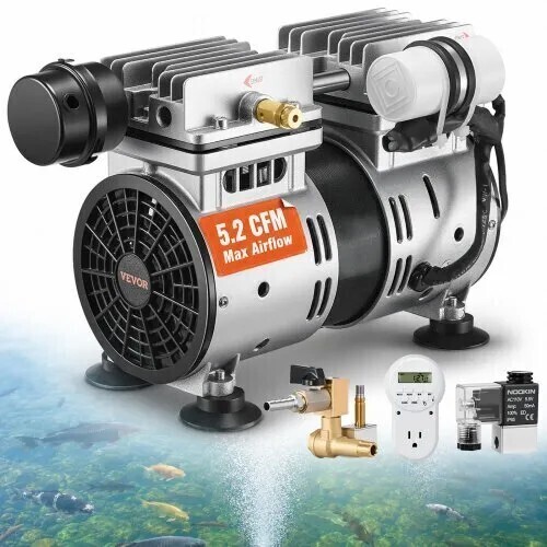 VEVOR Pond Aerator, 550W Power, 5.2CFM for Up to 3 Acre 50' Lake, Pond Aeration Kit Includes 3/4 HP Compressor & Timer & Valves, Air Compressor for Deep Water Oxygen Circulation, New in Box $399
