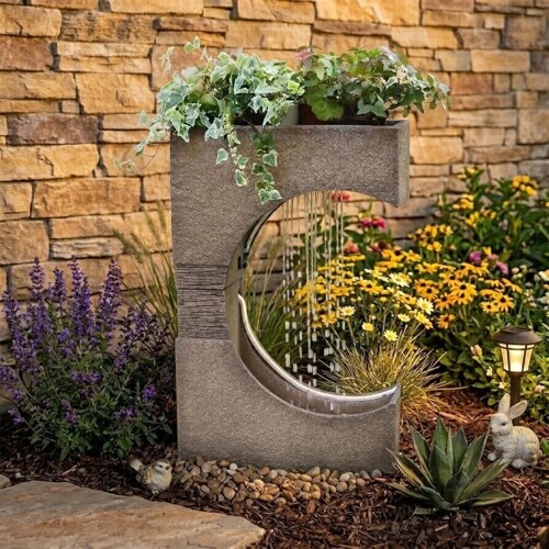 Sunlinua 28" H Modern Outdoor Water Fountain with LED Light Modern Cascading Waterfall, Durable Resin Construction, Warm LED Lighting, Brown, New in Box $299