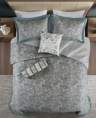 Madison Park 5pc Queen Charlotte Jacquard Bedspread Set with Throw Pillows Dark Teal Blue New In Box $299