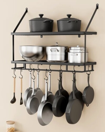 Prep & Savour Wall Mounted Pot Rack Kitchen 30 Inch 2-Tier Wall Shelf with 12 Hooks New In Box $199