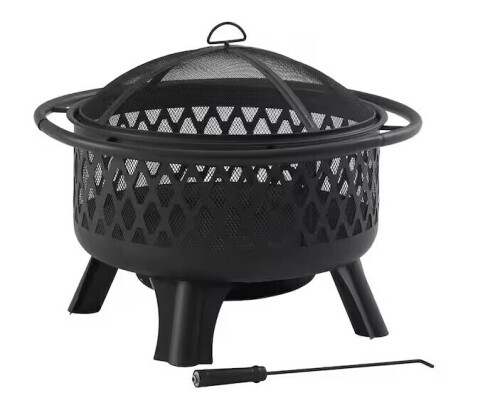 Hampton Bay Piedmont 29.6 in. W Black Steel Wood Outdoor Fire Pit with Screen and Poker Included $299
