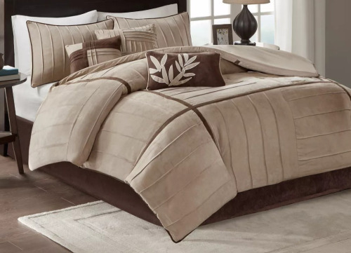Madison Park Beige Landcaster Microsuede Pleated Comforter Set King 7pc, Hypoallergenic, Farmhouse Style New In Box $299