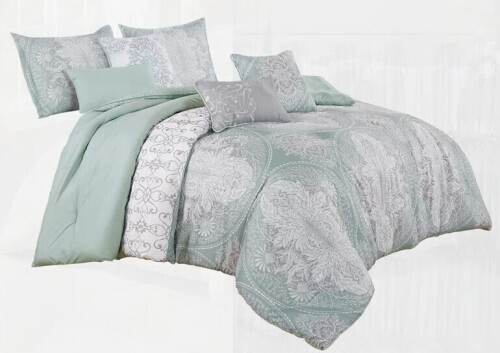 BRHF King/Cal-King 7-piece Seafoam & Gray Microfiber Polyester Comforter Set With Embroidered & Printed Ornate Floral Designs New In Box $299