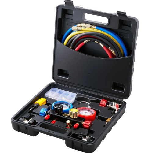 VEVOR 4 Way AC Gauge - AC Manifold Gauge Set for R134A R22 R12 R410A Refrigerant, Freon Gauges with 5ft Hoses, Couplers, Can Tap Works on Car Auto Freon Charging and Evacuation New In Box $199