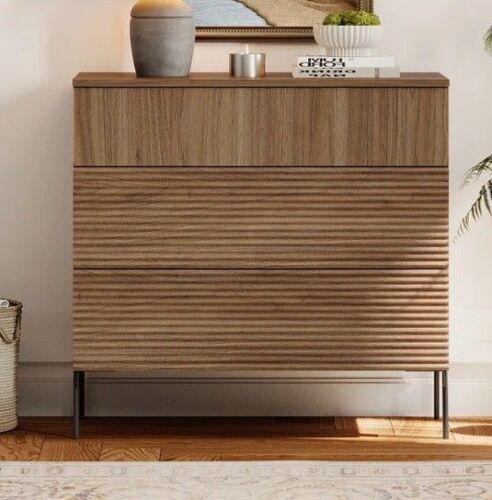 WAMPAT Union Rustic Modern Wood 3-Drawer Dresser With Reeded Design, Minimalist Dresser Organizer Storage, Walnut, New in Box $499