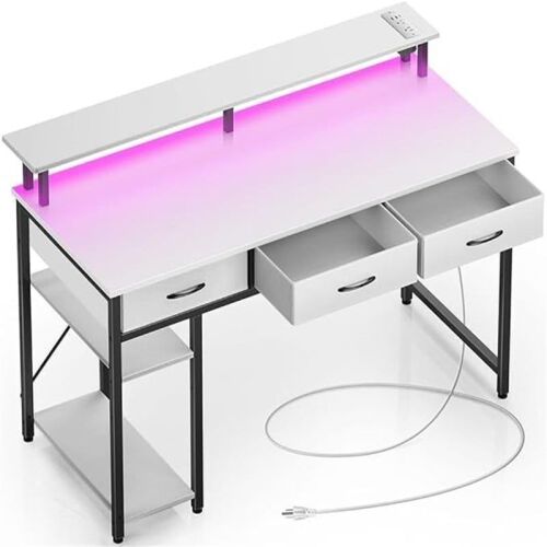 Rolanstar 47" Home Office Computer Desk with Power Outlets & LED Light, with 3 Drawers and Storage Shelves and Monitor Stand, White, New in Box $399