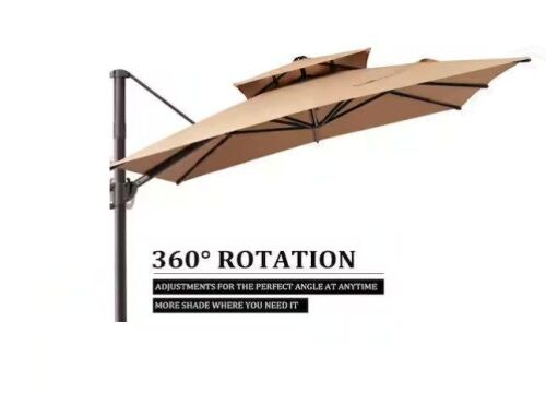 Pellebant 9 ft. x 11.5 ft. 2-Tier Aluminum Outdoor Cantilever Offset 360&deg; Rotation Patio Umbrella in Tan New in Box $599