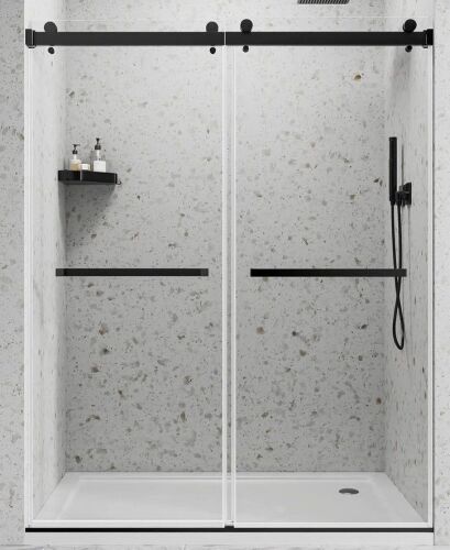 Rizzan 56-60" W X 72 "H Semi-Frameless Double Sliding Shower Door With 1/4" (6mm) Clear Tempered Glass, Featuring Protective Safety Film, Matte Black K18A-6072-BLK New in Box $499