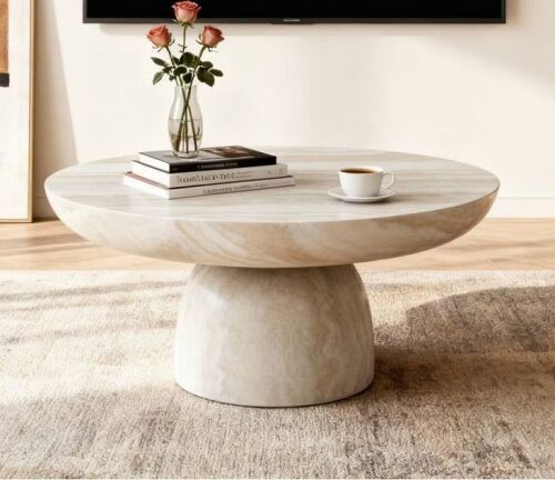 Panipeachy Modern Beige Round Fiberglass Coffee Table with Pedestal Base, Minimalist Accent Table for Living Room, Lounge, or Small Apartment Spaces, (2 Boxes), New in Box $699