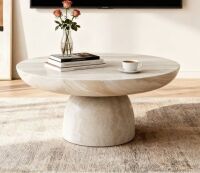 Panipeachy Modern Beige Round Fiberglass Coffee Table with Pedestal Base, Minimalist Accent Table for Living Room, Lounge, or Small Apartment Spaces, (2 Boxes), New in Box $699