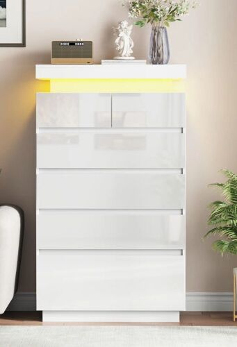 Latitude Run Lumina Tall Dresser With Led Lights, Glossy Wood Dresser With 6 Deep Chests Of Drawers, White, New Shelf Pull $499