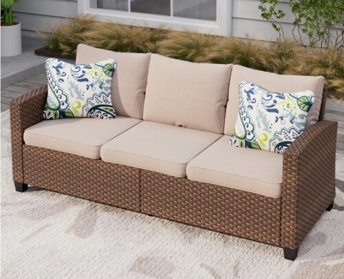 Lark Manor Argyri All-Weather Wicker Patio Sofa in Beige New in Box $599