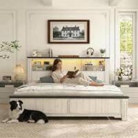 Snhomee King Size White Platform Storage Bed Frame with 4 Drawers, Modern Farmhouse Bed with Black Accents, LED Charging Headboard, 900 lbs Support, No Box Spring Required for Spacious Family Bedrooms New In Box $799 (Similar to picture)