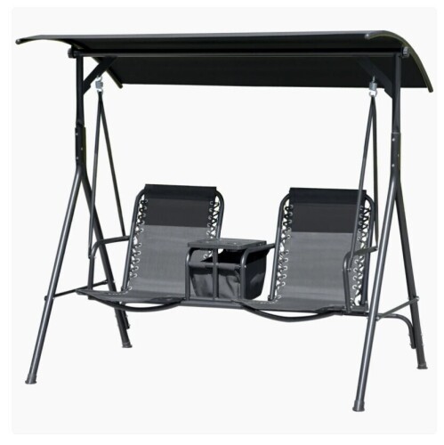 Outsunny 2-Seat Outdoor Porch Swing, with Pivot Storage Table, Cup Holder, & Adjustable Overhead Canopy, Stand's Skid-Resistant Feet Pad, Breathable Mesh Seat, Steel Frame, for Patio, Black New in Box $399