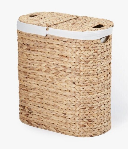 Seville Classics Sustainable Handwoven Double Lidded Oval Hamper Sorter, Water Hyacinth New In Box $199