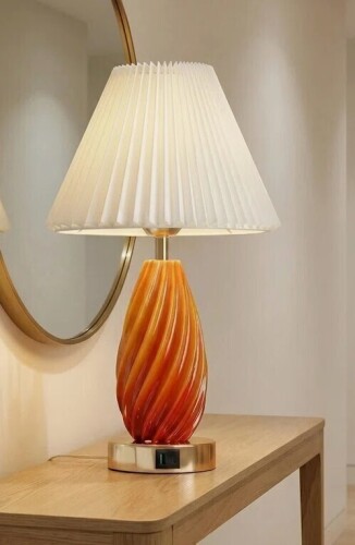 Latitude Run&reg; Mid-Century Modern Twist Resin Table Lamp with Built-In USB Charging Port, Cream Pleated Fabric Shade Gold Metal Base Decorative Nightstand Lamp for Bedroom Living Room Office New In Box $199