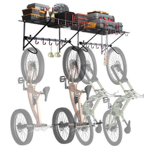 VEVOR Bike Storage Rack, 4 Bike Racks, Wall Mount Bike Storage Hanger with 2 Shelves, Home and Garage Organizer, Customizable for Various Bike Sizes, Adjustable Holder, Holds Up to 500 lbs, 63-inch New In Box $99
