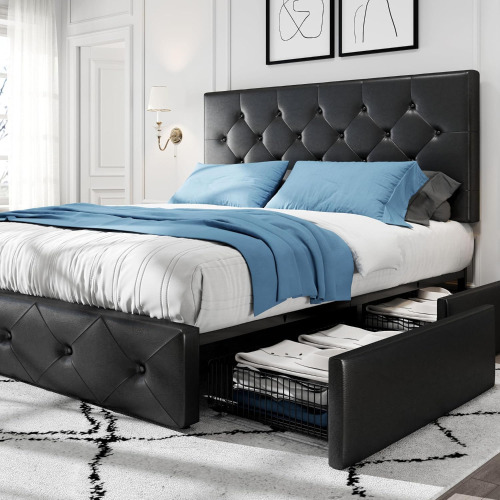 HOOMIC Queen Platform Storage Bed Frame with 4 Drawers & Adjustable Headboard, Wooden Slats, No Box Spring Needed,Diamond Stitched Button Tufted Design, Black $699