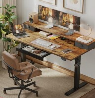 Inbox Zero Electric Height Adjustable Desk with Storage Shelf,Standing Desk with 3 Drawers in Rustic Brown New in Box $699