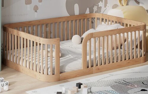Latitude Run Wood Floor Bed Frame With Fence Full size in Natural New in Box $399