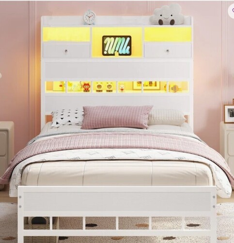 Wrought Studio Twin Size Bed Frame With Headboard And 5 Storage Shelves & Under Bed Storage, LED & Charging Station, No Box Spring Needed New in Box $399