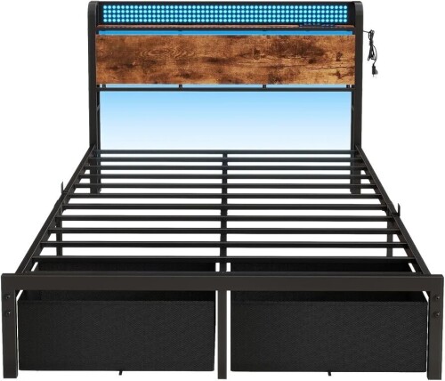 Wrought Studio Queen Bed Frame with 2 Fabric Drawers and Open Storage Headboard, Adjustable LED Light and Charging Station, No Box Spring Needed, Rustic Brown, New in Box $999