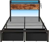 Wrought Studio Queen Bed Frame with 2 Fabric Drawers and Open Storage Headboard, Adjustable LED Light and Charging Station, No Box Spring Needed, Rustic Brown, New in Box $999