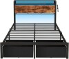 Wrought Studio Queen Bed Frame with 2 Fabric Drawers and Open Storage Headboard, Adjustable LED Light and Charging Station, No Box Spring Needed, Rustic Brown, New in Box $999