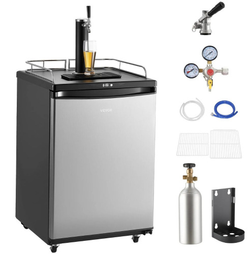 VEVOR Beer Kegerator, Single Tap Draft Beer Dispenser, Full Size Keg Refrigerator With Shelves, CO2 Cylinder, Drip Tray & Rail, 32&deg;F- 75.2&deg;F Temperature Control, Holds 1/6, 1/4, 1/2 Barrels, Silver New In Box $799