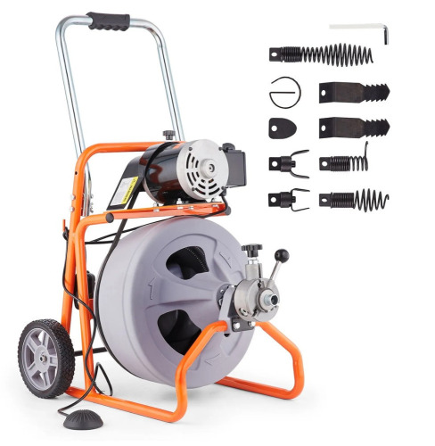 VEVOR Drain Cleaner Machine 100FT x 1/2 Inch, Auto Feed Sewer Snake Drain Auger on Wheels, Portable Drain Cleaning Machine with 8 Cutters & Air-activated Foot Switch for 2" to 4" Pipes New In Box $499