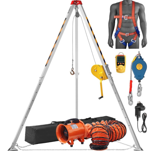 VEVOR 2600 lbs Winch Confined Space Tripod Kit, Confined Space Tripod 8' Legs and 98' Cable, Confined Space Rescue Tripod 33' Fall Protection with Blower, Gas detector, Harness. New In Box $799