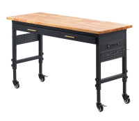 VEVOR 60-inch Adjustable Workbench, 1500 lbs Load Capacity, Garage Workbench with Drawer, Power Outlet, Wheels, and Pegboard, Heavy Duty Oak Wood Top Work Table for Garage, Workshop, Office, and Home New In Box $499