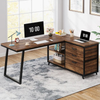 17 Stories L-Shaped Computer Desk With 3 Drawers & Storage Shelves, Reversible Corner Desk, Brown/Black, New in Box $799
