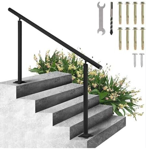 VEVOR Handrail for Outdoor Steps, 5-6 Steps Black Round Outdoor Handrail, Adjustable Aluminum Staircase Handrail, Thickened Stair Railings for Porch Railing, Deck Handrail New In Box $299